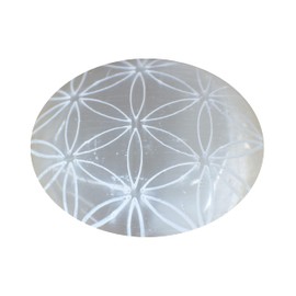 Amazing Gemstone Selenite Palm Stone - Flower of Life Engraved Hot Massage Worry Stone for Natural Body Chakra Balancing, Reiki Healing and Crystal Grid