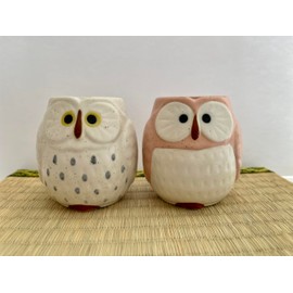 hitomi Japanese Mino Ware Ceramic Yunomi Tea Cups Set, Owl White and Coffee Brown, H3.15 x 3.07 Inches in diameter, 7.8 Fluid Ounces, Set of 2, from Japan TR55309 310 (White&Pink)