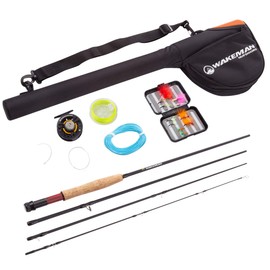 3-Piece Fly Fishing Rod and Reel Combo Starter Kit - 97-Inch Collapsible Fiberglass and Cork Fishing Pole with Case and Accessories by Wakeman (Black)