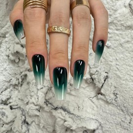 Redykat Handmade 24PCS Glossy Coffin Press On Nails, Extra Long Emerald Green Fake Nails, Gel Green Ombre Cat Eye False Nails, Salon Quality Nail art, Home Quick Manicure……… (Jade)