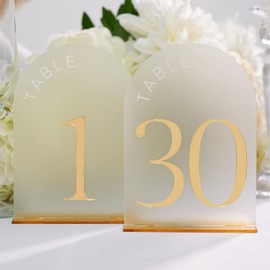 Números de mesa con arco esmerilado dorado para recepción de bodas, números de mesa 1-30 - Letreros de mesa de acrílico con arco esmerilado de 5 x 7 pulgadas con números de espejo dorado