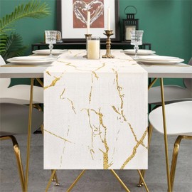 Table Runner Spring Summer Table Runner Modern White Marble Golden Texture Tablecloth for Party Wedding Kitchen Living Room Decorative Table Runner Linen 13 x 72 Inch