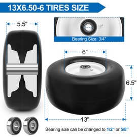 phepetroll 13x6.50-6 Flat Free Lawn Mower Tires and Wheels 3/4" 5/8" 1/2" Ball Bearings, 13x6.5x6 Zero Turn Mower Front Tires, Smooth Tires for Commercial Grade Lawn 5.5"-7.5" Adjustable Centered Hub