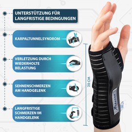 Actesso Atmungsaktive Handgelenkschiene Handgelenkstütze - Entlastung für Karpaltunnelsyndrom, Verstauchungen, RSI und Tendinitis/Sehnenscheidenentzündung (Schwarz, L, Rechts)