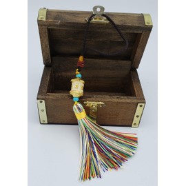Tibet Prayer Wheel with Six Syllables Mantra Charm Hanging Tassel for Protection (White)