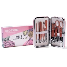 Blossom 10 in 1 Professional Manicure, Pedicure + Facial Tools Grooming Kit, Stainless Steel Nailcare Nail Clipper Kit with Nail Care Tools, Travel Case and Gift Ready Box
