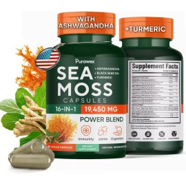 Purawex 60 Capsules of Irish Sea Moss, Black Seed Oil, Ashwagandha & Ginger– 20,000mg...