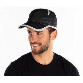 Funky Junque Men's Athletic Running Hat, Lightweight Mesh Performance Cap with UPF Sun Protection for Sports, Tennis, Golf, Gym, Black (Grey Trim)