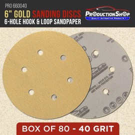 ProductionShop Premium 40 Grit 6" Gold Sanding Discs, 6-Hole Pattern, Box of 80 - Dustless Hook & Loop Backing Sandpaper for DA & Random Orbital Sanders, Sand Auto Paint, Wood Woodworking Furniture