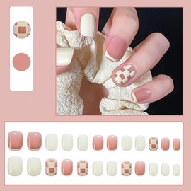 24 Pcs Square False Nails Short - White French Press on Nails with Glue - Glossy Full Cover Reusable Fake Nail Stick on Nails French Nail Tips for Women Girls Nail Art