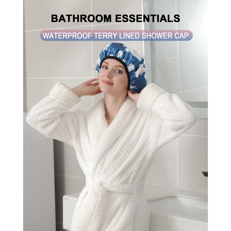 YIZIJIZI Terry Lined Shower Cap,Triple Layer Large Cap for Women,Shower