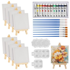 44 Pcs Mini Canvas and Easel, Mini Canvas Painting Set includes 4x4 Inches Canvas, Paint Brushes, Paint Palette and Acrylfarben, Wooden Mini Easels with Art Canvas for Kids and Artists Art Party