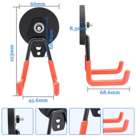 Keukenket Magnetic Hooks, Extra Strong, 66 mm Magnetic Hooks, Double Hooks, Magnetic Base with Non-Slip Coating and Mounting Screws, Magnets with Hooks for Garden, Garage, Tool Room (Orange, Pack of
