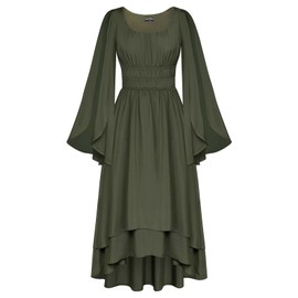 Women Renaissance Costume Split Bell Sleeve Double Layered High Low Dress Olive Green M