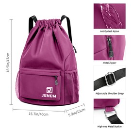 JSNOM Drawstring Gym Bags Waterproof : Large Sports Travel Yoga School Rucksack Backpack with Zip Pocket for Men Women (Purple)