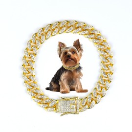 Cuban Dog Chain Collars, Gold Crystal Pet Necklace, Metal Pet Necklace with Safety Buckle Lock, for Small Medium Large Dogs Cats (10 Inch)