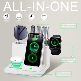 LADSTAG Leather Desk accessories Pen Holder with 3-in-1 Wireless Charger for Phone, Earbuds, Watch Multifunctional Desktop Phone Stand for Office and Home,birthday gifts,gifts for him (white)