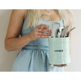 French Blue Ceramic Utensil Holder - Vintage Style Kitchen Utensil Caddy - Antique Design Cooking Utensil Organizer - Rustic French Country Utensil Crock for Cooking Enthuziast