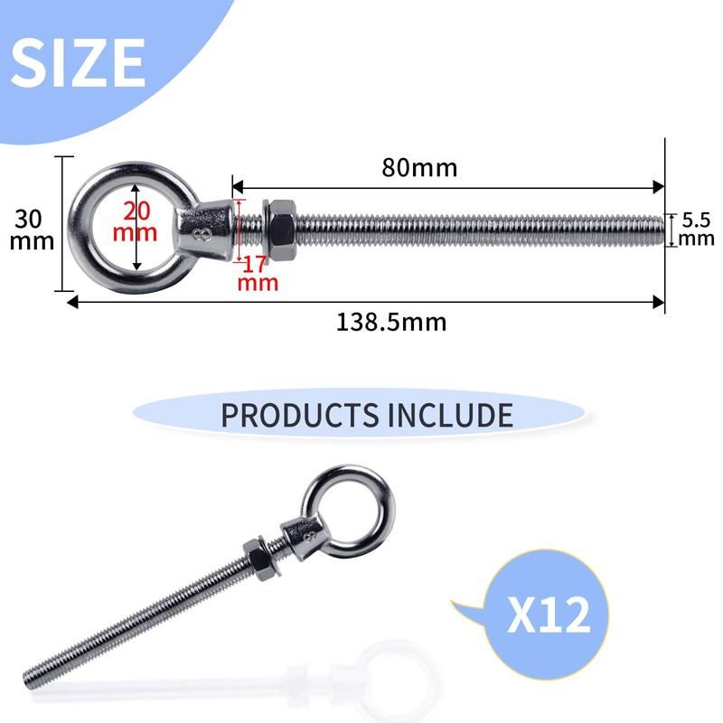EFUTURETIME 12 x Eye Bolts M8 Wood Thread Eye Bolt