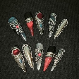 Press on Nails Long Stiletto SWEKKE 3D Floral Fake Nails Y2k False Nails with Silver Curve Line Butterfly Designs Red Silver Glossy Glue on Nails Acrylic Nails for Women Girls 30Pcs