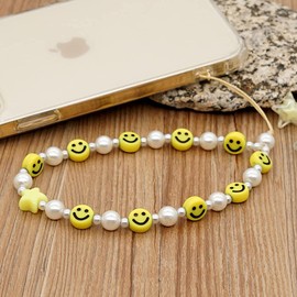 LUSTEMBER Beaded Phone Lanyard Wrist Strap Smiley Face Beaded Handmade Colorful Acrylic Beads Pearl Phone Charm Strap for Women Girls