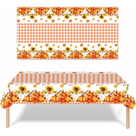 Fall Tablecloth, 2 Pack Thanksgiving Tablecloths Pumpkin Maple Leaves Plastic Table Cloth Disposable Rectangle Plaid Autumn Table Cover for Thanksgiving Day Party Decorations Tables Decor, 54x108 Inch