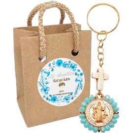 12 Llaveros para Recuerdos de Eventos, medalla San Benito con cristal Azul (BAUTIZO NIÑO)