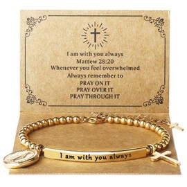 DS Religious Gift for Her Christian Cross Jesus Charm Bracelet Bible Verse I am with you always Inspirational faith Friendship Bracelets For Women Stainless Steel Jewelry Gift To Daughter Niece -Gold
