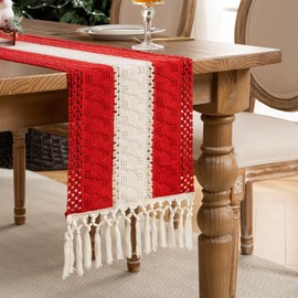 Cotton and Linen Table Runner Christmas Red Table Runner Boho Washable Vintage Macrame Table Runner Rectangular Crochet Lace Elegant for Rustic Boho Wedding Decor Bride (30 x 140 cm)
