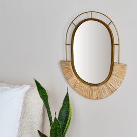 Main + Mesa Oval Modern Boho Metal and Cane Framed Wall Mirror, Natural