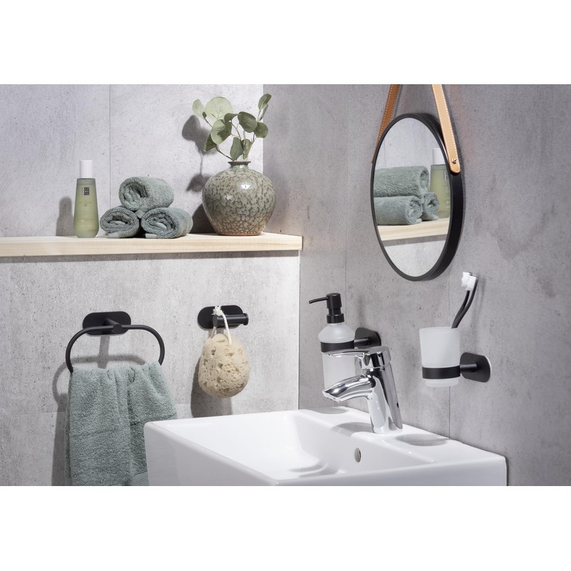 WENKO Turbo-Loc Orea Black Matt Towel Ring, No Drilling Required,