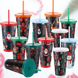 Nuogo 12 Pcs Christmas Plastic Cups with Lids and Straws Bulk Reusable Christmas Plastic Cups 24 oz for Coffee Wine Hot and Cold Drinks Suitable for Christmas Decoration Party Supplies, 12 Styles