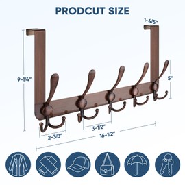 TICONN Over The Door Hooks, 5 Heavy Duty Tri Coat Rack All Metal Coat Hanger for Bathroom Bedroom Dorm (Antique Bronze, 2PK, Fit 1-3/4" Doors)