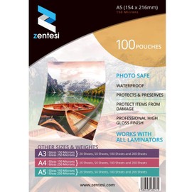 Zentesi A5 Laminating Pouches High Gloss Laminator Sleeves 150 Micron (75 + 75 Microns) Glossy Laminate Pouch Sheets - Pack of 100