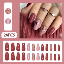 24Pcs Valentines Press On Nails Medium Square - Heart Press On Nails, Valentines Fake Nails with Heart&Diamond Glossy Design, Artificial Valentines Nails Stick On Nails for Women（Simplicity ）