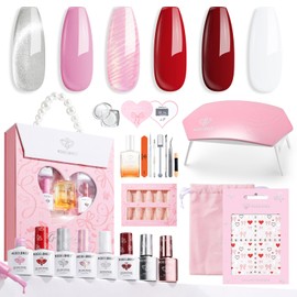 modelones Gel Nail Polish Kit With U V Light, Cat Eye Pearl Pink Red White Manicure Starter Set Sticker Base Top Coat Nail Strengthen Care Chrome Powder Gel Mini Salon For Women Girls