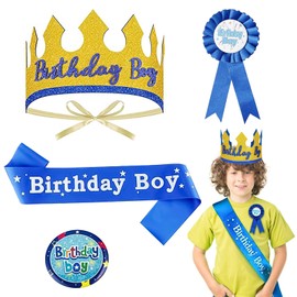 4Pcs Birthday Boy Badge, Birthday Sash Medal, Adjustable Birthday King Crown Hat, Decorations Set For Kids Birthday Party Supplies
