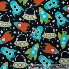 Michael Miller Fabrics BonEful Fabric FQ Cotton Quilt Black White Galaxy Solar System Space Ship Star L