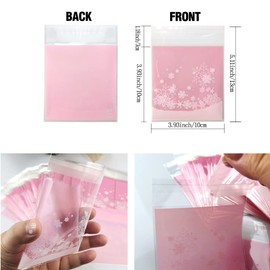 FAZHBARY 100 PCS Snowflake Cellophane Bags - Clear Self Sealing Pink Plastic Bags for Candy, Cookies & Goodies