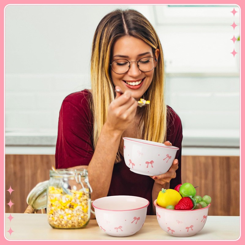 Maxdot 10 oz Pink Bow Ceramic Bowls Set of 4