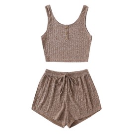 SOLY HUX Women's Button Front Ribbed Knit Tank Top and Shorts Pajama Set Sleepwear Lounge Sets Mocha Brown M