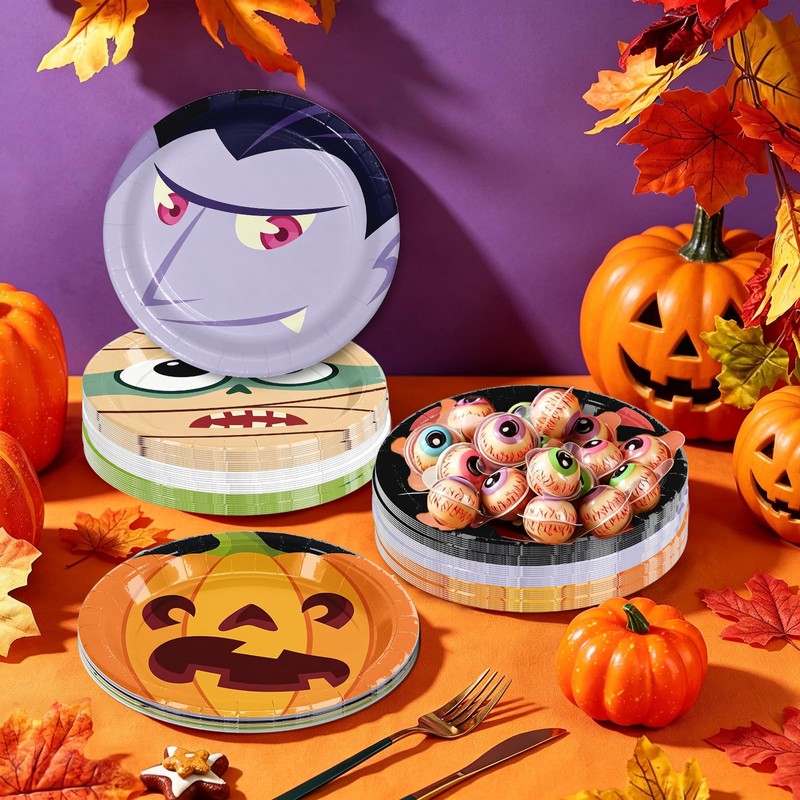 96PCS Halloween Paper Plates, Disposable Party Tableware with 6 Designs