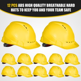Xuhal 12 Pieces 4 Point Suspension Hard Hat Bulk Safety Helmets with Vents and Cotton Brow Pad ABS Construction Hardhats for Safety Adjustable Ratchet Hard Hats for Work Head Protection (Yellow)