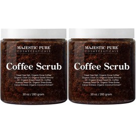 Majestic Pure Arabica Exfoliante de café – Exfoliante corporal natural para el cuidado de la piel, estrías, acné y celulitis, reduce el aspecto de las venas de araña, eccema, manchas de edad y venas varicosas – 10 onzas, Paquete de 2, Paquete con 2