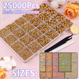 25000Pcs Resin Rhinestones for Crafting, Gold 2-6mm Mixed Sizes Non Hotfix Flatback Gems, Bedazzling Crystal for DIY Crafts Clothing Tumblers Mugs Shoes Fabric Nail Art
