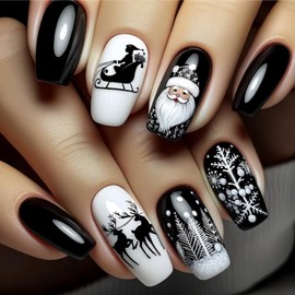 Christmas Press on Nails Black Medium Coffin Fake Nails with Design Santa Claus Glue on Nails ELK Xmas Tree Snowflakes Stick on Nails Reusable Glossy Winter False Nails for Women Girls Manicure