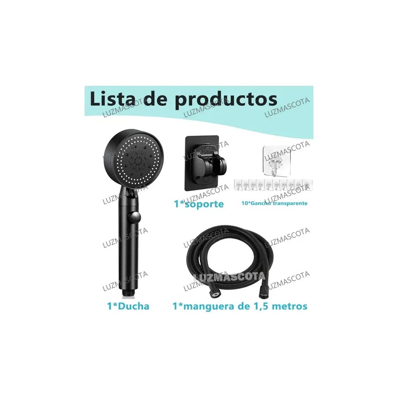Regadera de Ducha con Manguera de 1.5 m, Soporte y