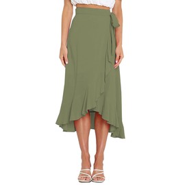 FEOYA Women's High Waisted Tie Wrap Midi Skirts Plain Ruffle Hem Split Maxi Wrap Skirts Casual Summer Beach Long Skirts Green S