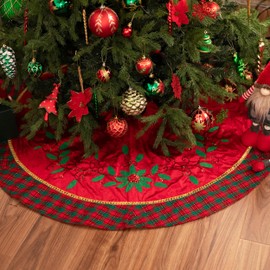 Valery Madelyn Christmas Tree Skirt for Tree Decorations, 60 Inch Traditional Red Green Gold Large Xmas Velvet Tree Skirt with Holly Leaves Pattern & Tartan Trim for Tree Merry Christmas Party Decor