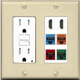 RiteAV 2 HDMI 4 Cat6 Ethernet Mixed Color Wall Plate - GFCI [Ivory/White]
